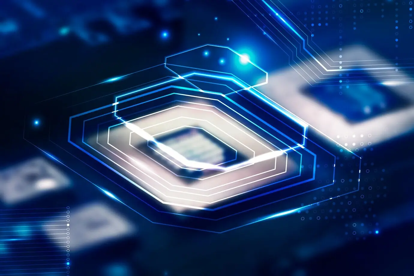 A technology remix close-up of a smart microchip background on a motherboard.