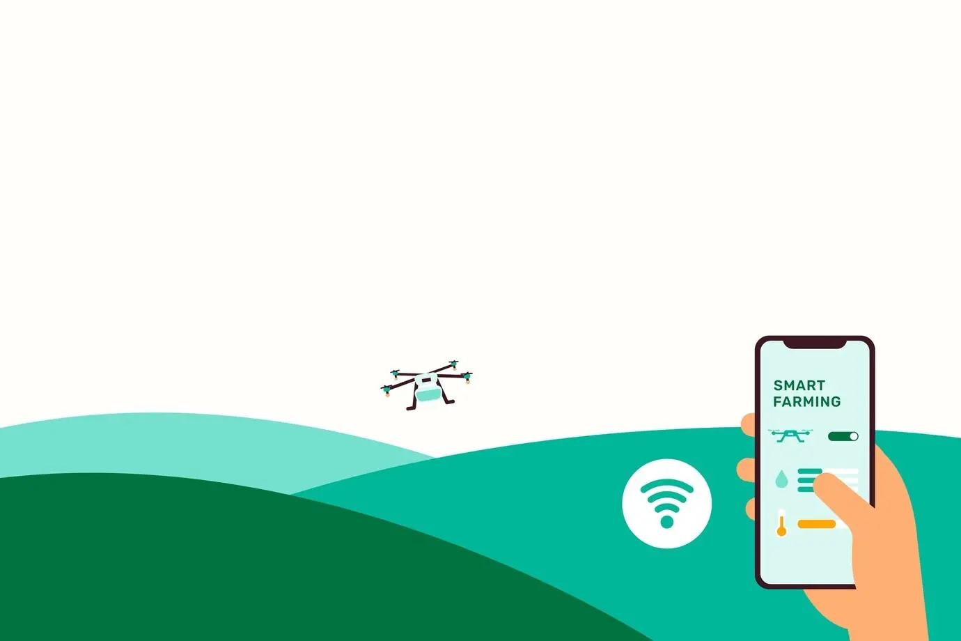 Background illustration of smart farming technology featuring an agricultural drone