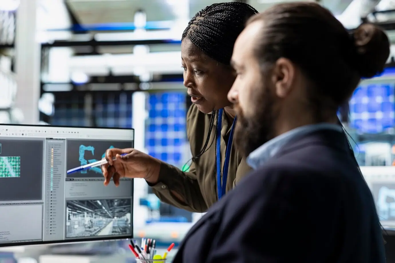 Diverse building contractors and associates check solar power systems